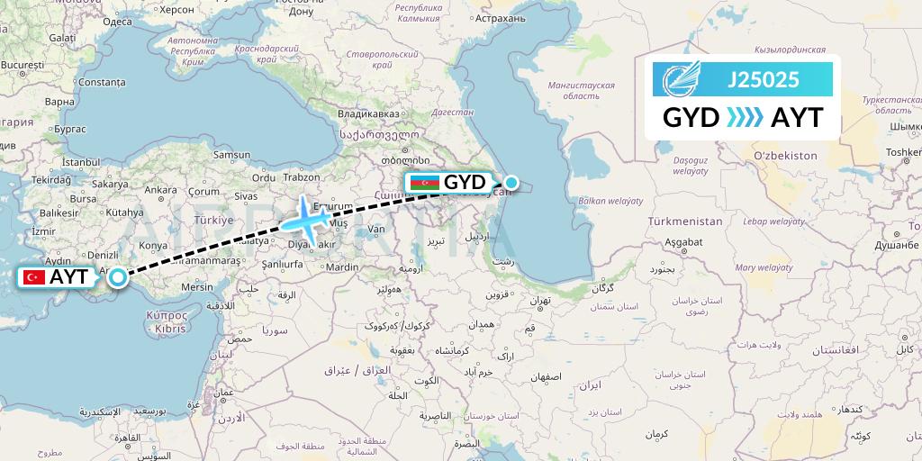 J25025 Azerbaijan Airlines Flight Map: Baku to Antalya