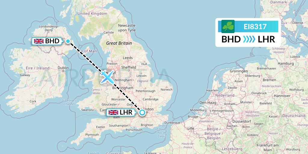 EI8317 Aer Lingus Flight Map: Belfast to London
