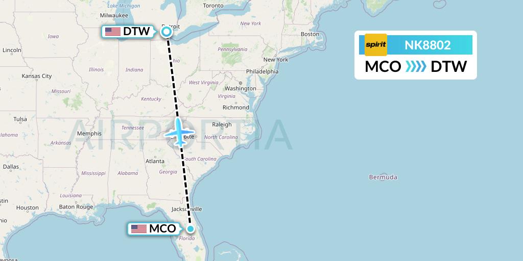 NK8802 Spirit Airlines Flight Map: Orlando to Detroit