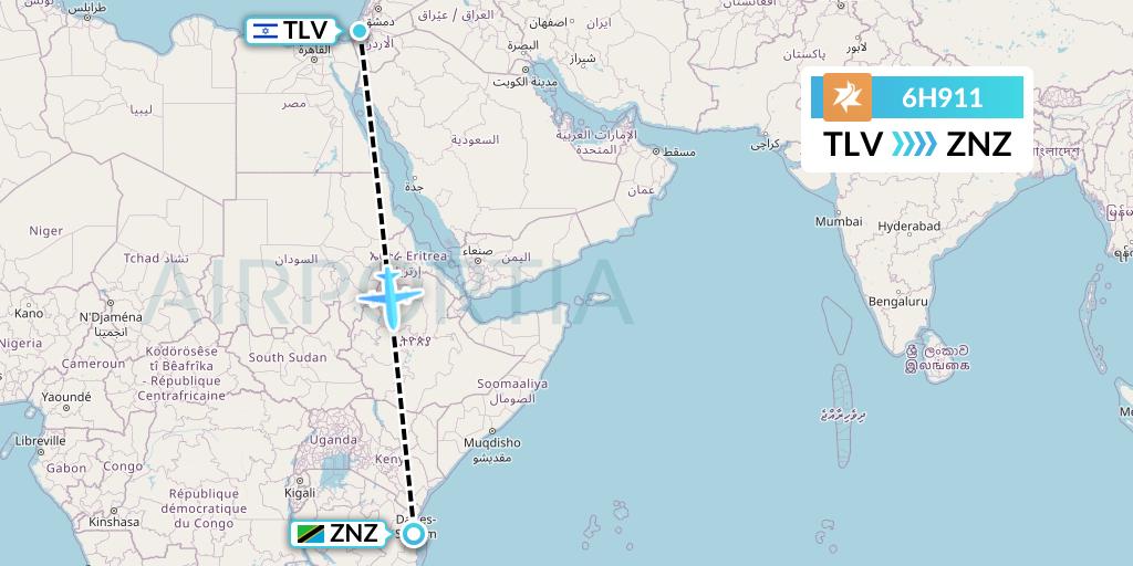 6H911 Israir Airlines Flight Map: Tel Aviv to Zanzibar