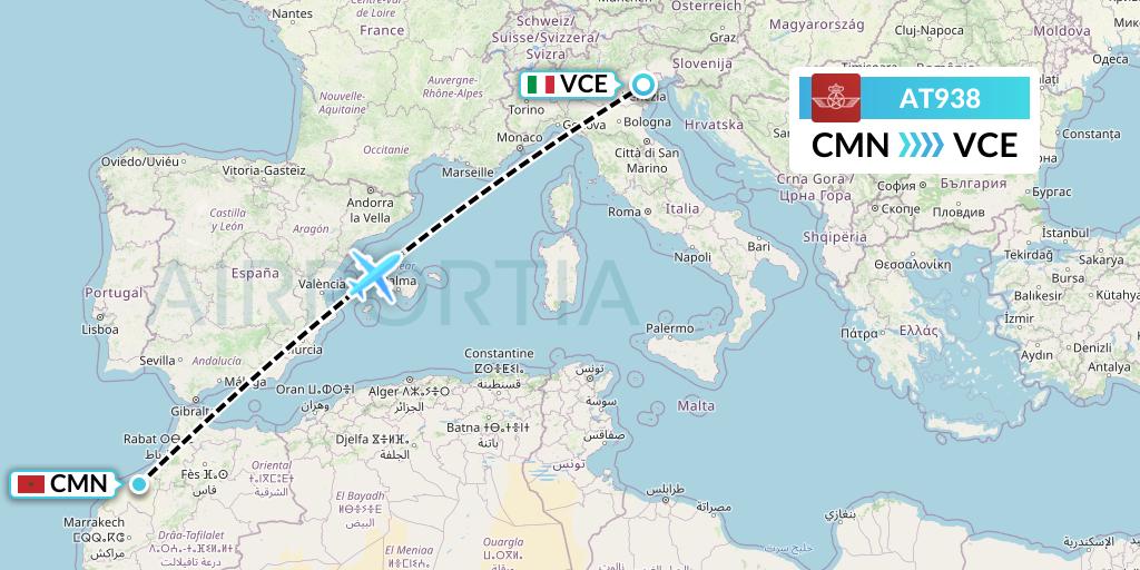 AT938 Royal Air Maroc Flight Map: Casablanca to Venice