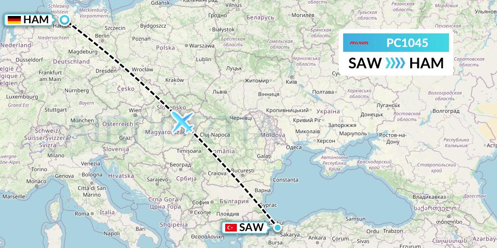 PC1045 Pegasus Airlines Flight Map: Istanbul to Hamburg