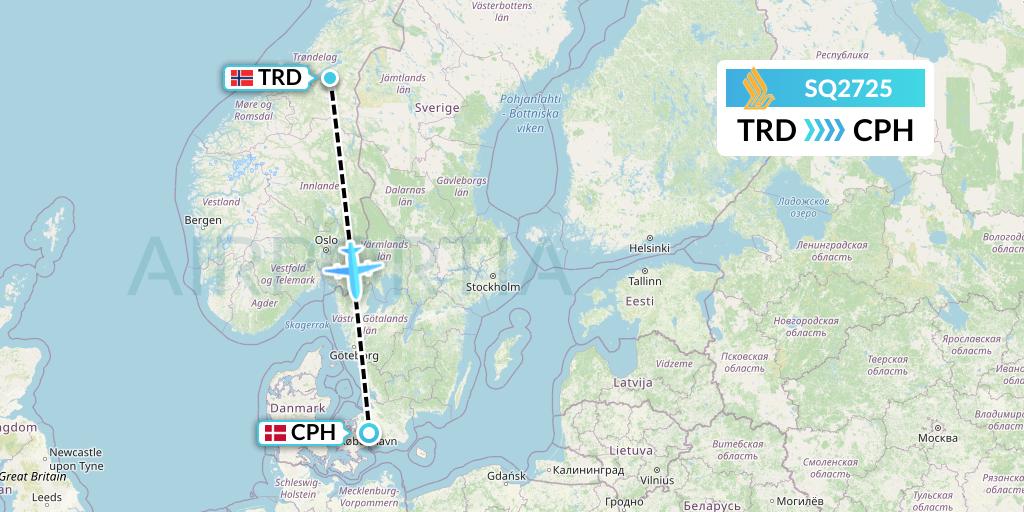 SQ2725 Singapore Airlines Flight Map: Trondheim to Copenhagen
