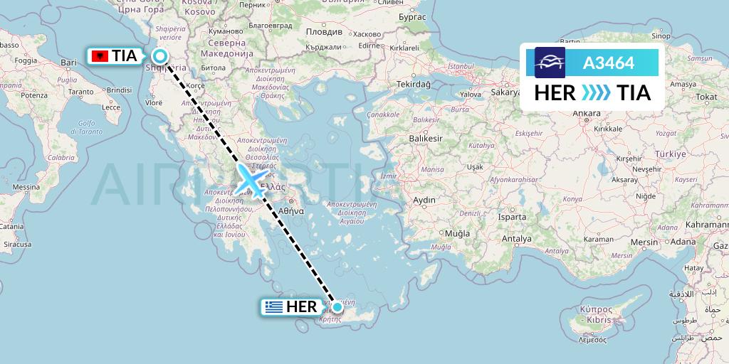 A3464 Aegean Airlines Flight Map: Heraklion to Tirana