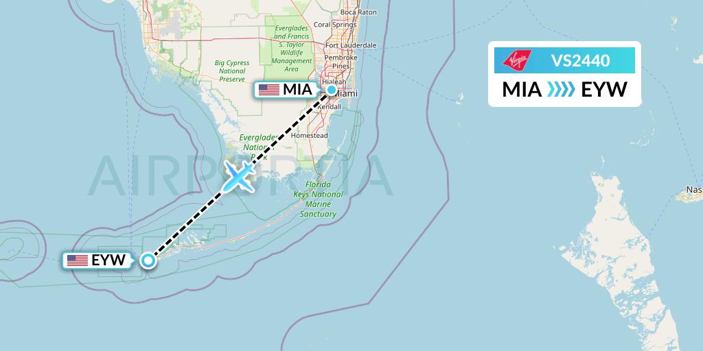 VS2440 Virgin Atlantic Airways Flight Map: Miami to Key West