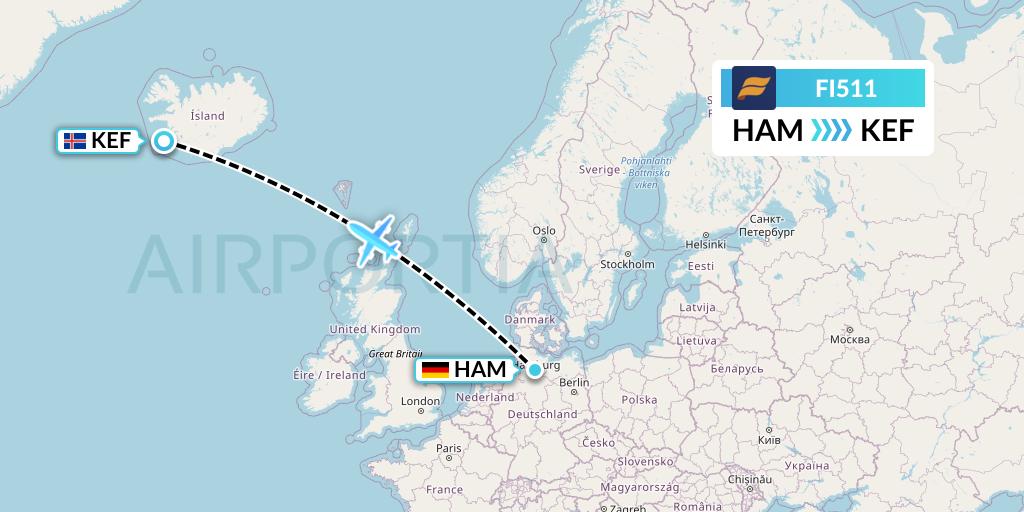 FI511 Icelandair Flight Map: Hamburg to Reykjavik