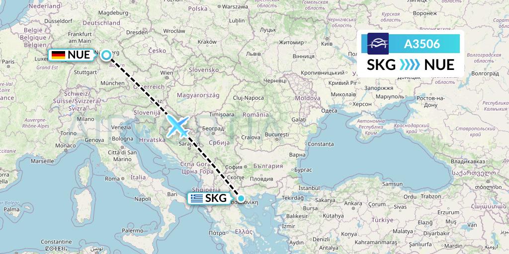 A3506 Aegean Airlines Flight Map: Thessaloniki to Nurnberg