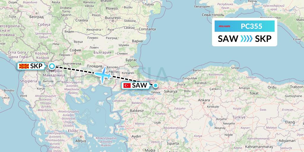 PC355 Pegasus Airlines Flight Map: Istanbul to Skopje