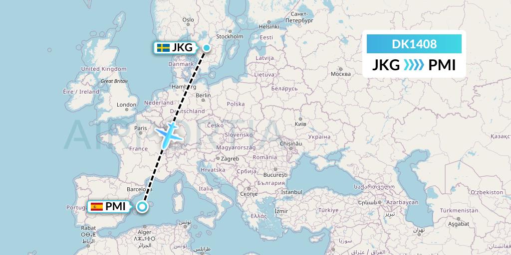 DK1408 Thomas Cook Airlines Scandinavia Flight Map: Jonkoping to Palma de Mallorca