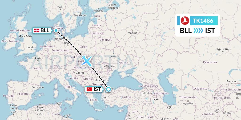 TK1486 Turkish Airlines Flight Map: Billund to Istanbul