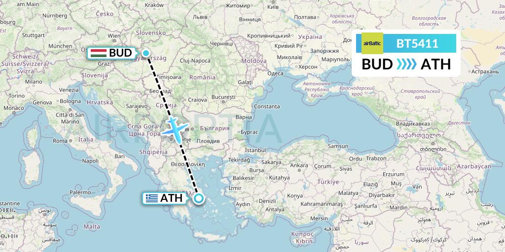 BT5411 Air Baltic Flight Map: Budapest to Athens