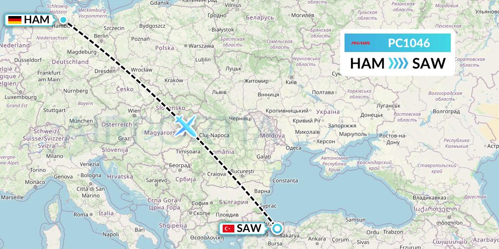 PC1046 Pegasus Airlines Flight Map: Hamburg to Istanbul