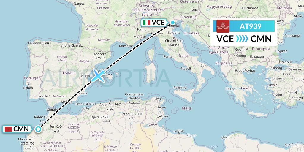 AT939 Royal Air Maroc Flight Map: Venice to Casablanca