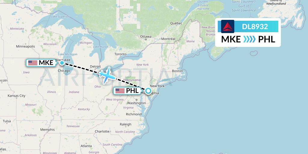 DL8932 Delta Air Lines Flight Map: Milwaukee to Philadelphia