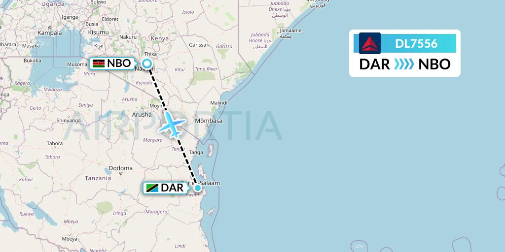 DL7556 Delta Air Lines Flight Map: Dar-es-Salaam to Nairobi