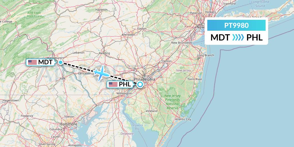 PT9980 Piedmont Airlines Flight Map: Harrisburg to Philadelphia