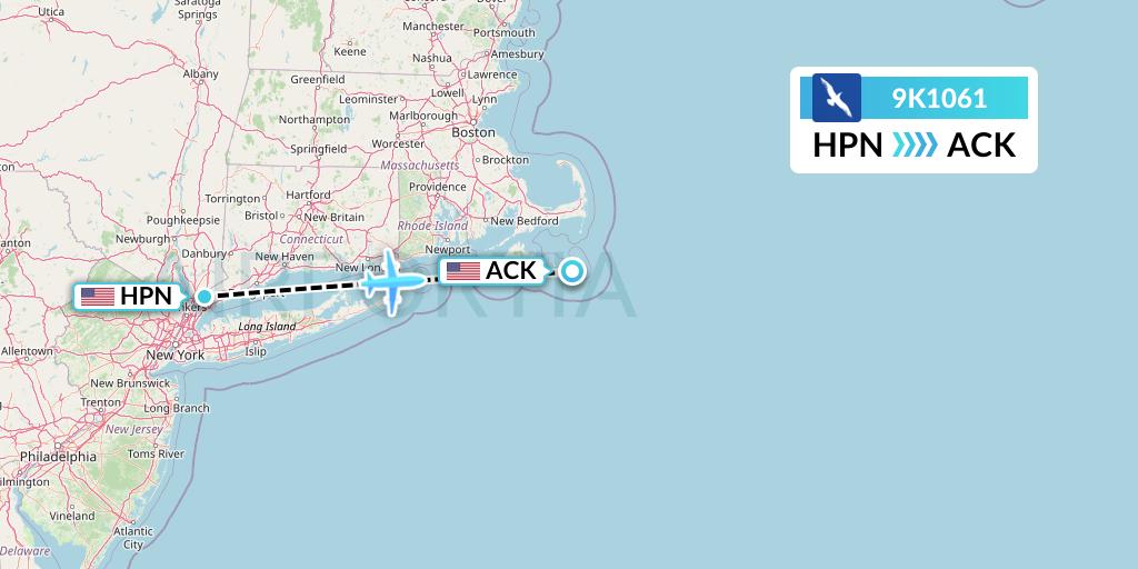 9K1061 Cape Air Flight Map: White Plains to Nantucket