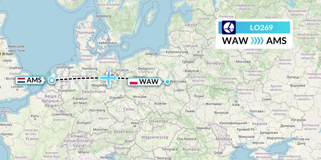 LO269 LOT Flight Map: Warsaw to Amsterdam