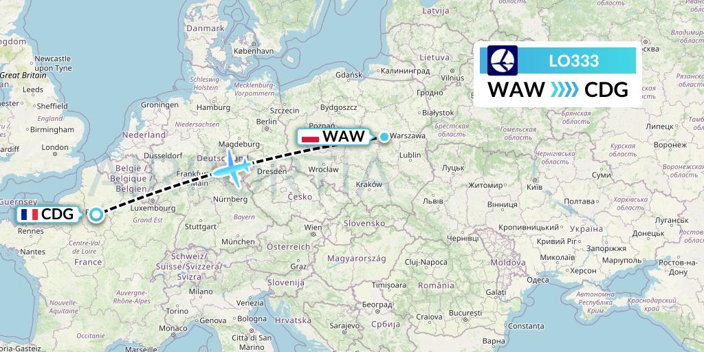 LO333 LOT Flight Map: Warsaw to Paris