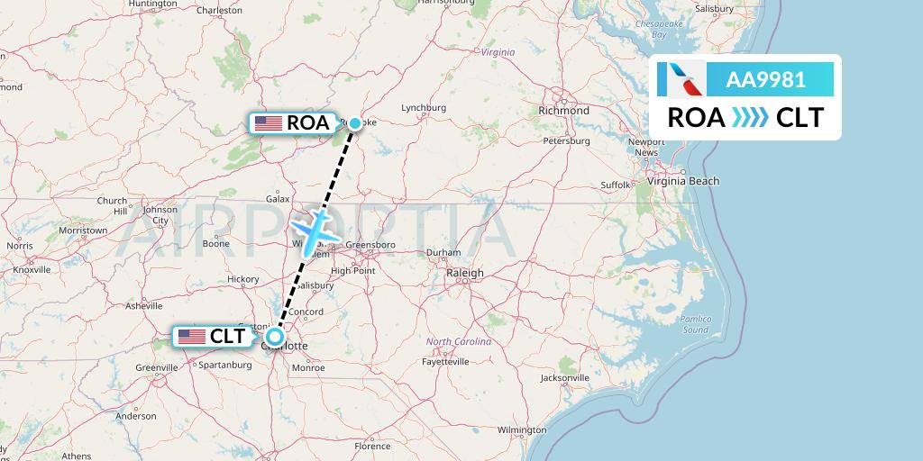 AA9981 American Airlines Flight Map: Roanoke to Charlotte