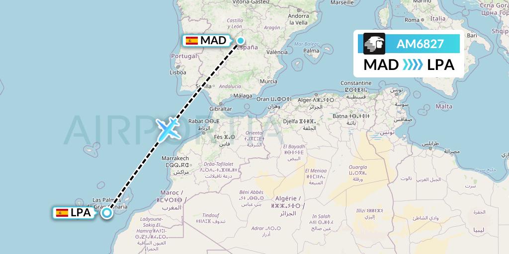 AM6827 Aeromexico Flight Map: Madrid to Las Palmas