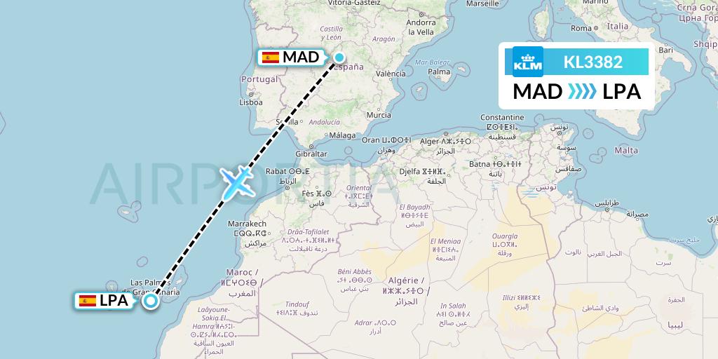 KL3382 KLM Flight Map: Madrid to Las Palmas