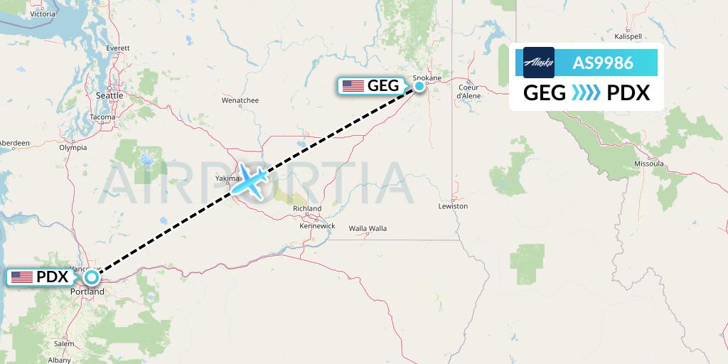 AS9986 Alaska Airlines Flight Map: Spokane to Portland
