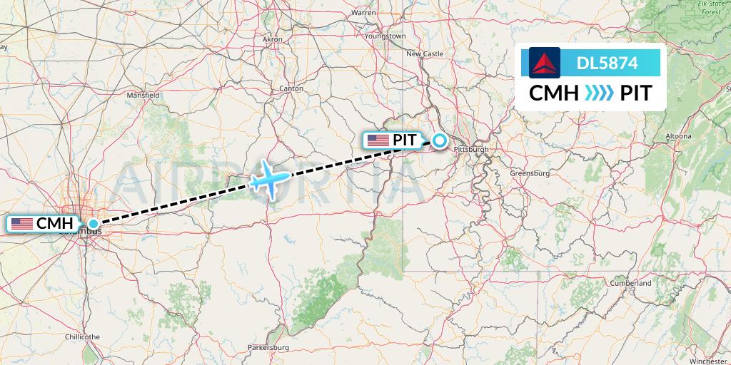 DL5874 Delta Air Lines Flight Map: Columbus to Pittsburgh