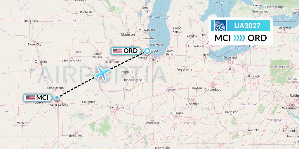 UA3027 United Airlines Flight Map: Kansas City to Chicago