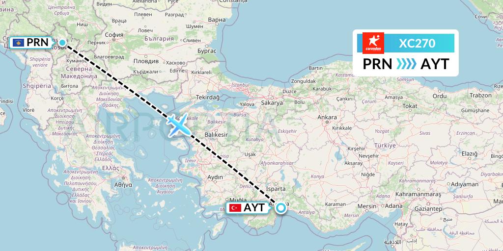 XC270 Corendon Airlines Flight Map: Pristina to Antalya
