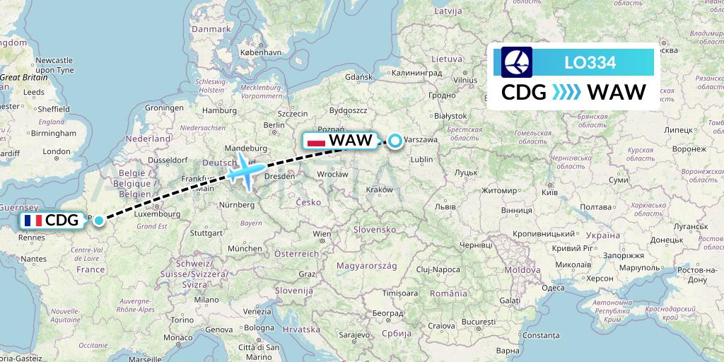 LO334 LOT Flight Map: Paris to Warsaw