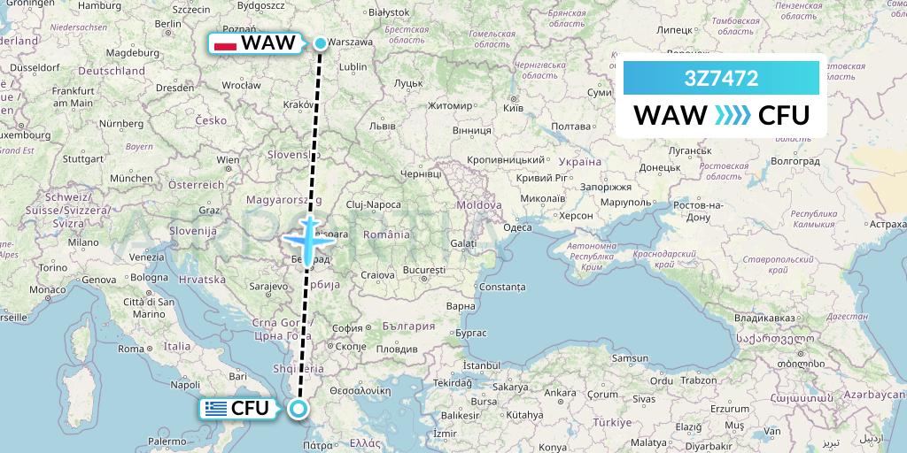 3Z7472 Travel Service Polska Flight Map: Warsaw to Corfu
