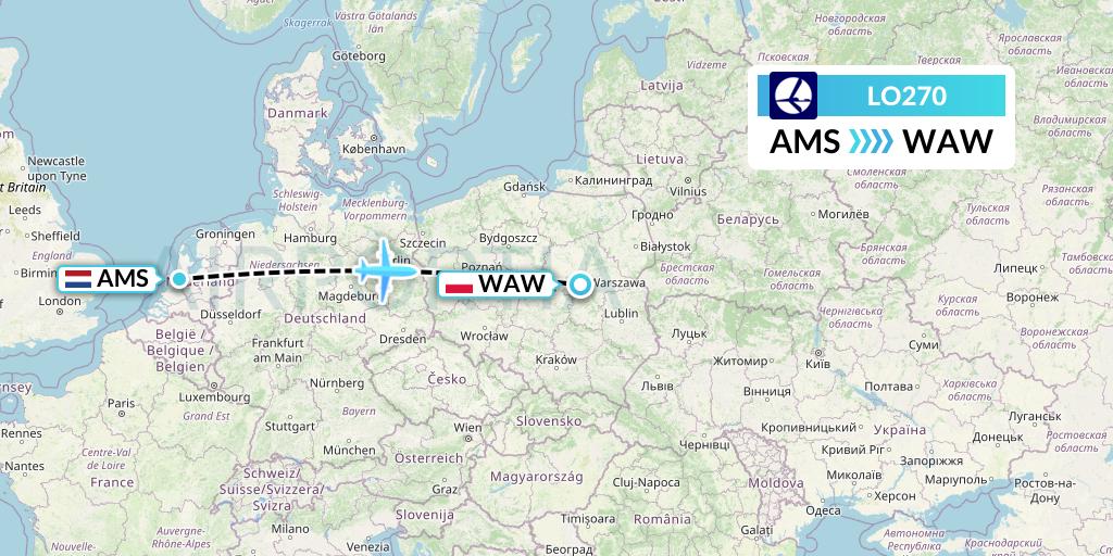 LO270 LOT Flight Map: Amsterdam to Warsaw