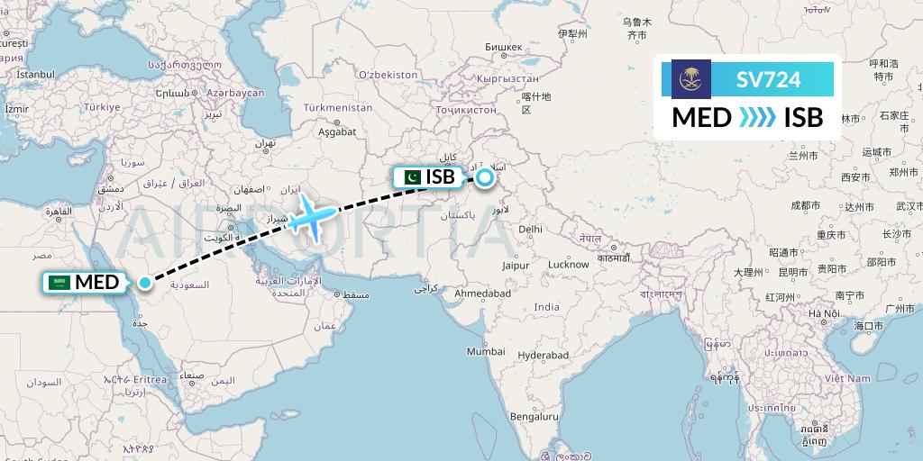 SV724 Saudi Arabian Airlines Flight Map: Medina to Islamabad