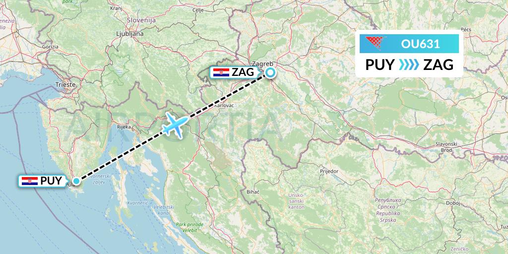 OU631 Croatia Airlines Flight Map: Pula to Zagreb
