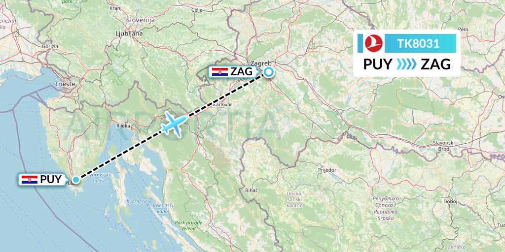 TK8031 Turkish Airlines Flight Map: Pula to Zagreb