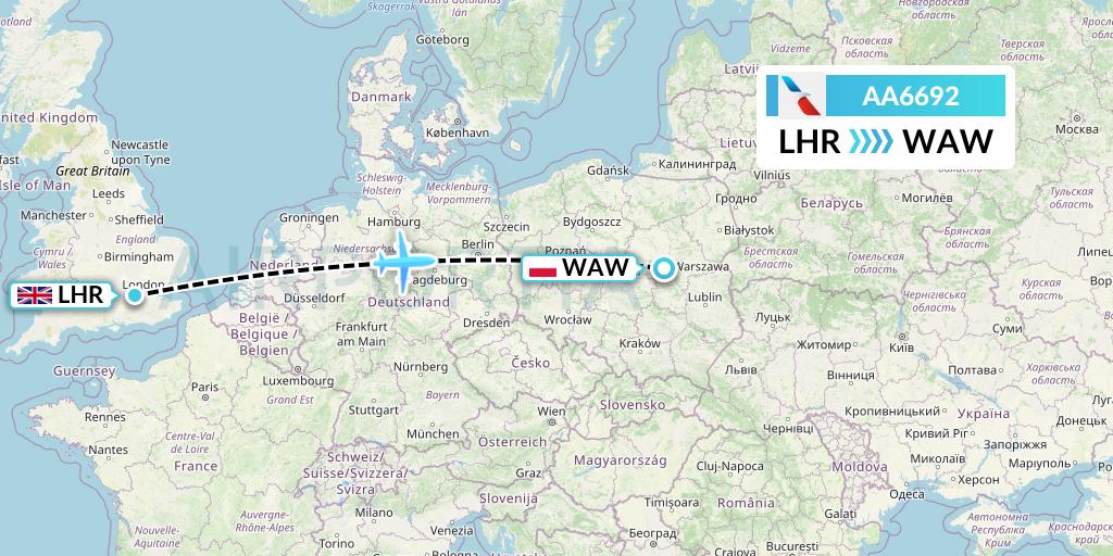 AA6692 American Airlines Flight Map: London to Warsaw
