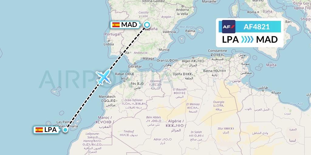AF4821 Air France Flight Map: Las Palmas to Madrid