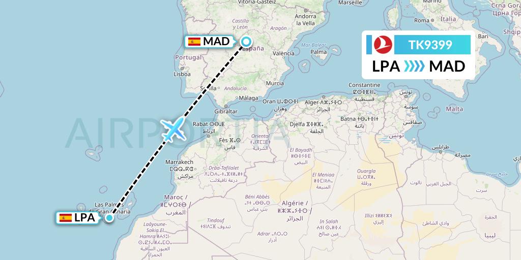 TK9399 Turkish Airlines Flight Map: Las Palmas to Madrid