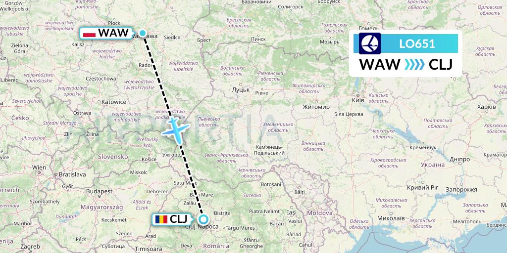 LO651 LOT Flight Map: Warsaw to Cluj-Napoca
