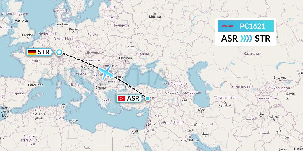PC1621 Pegasus Airlines Flight Map: Kayseri to Stuttgart