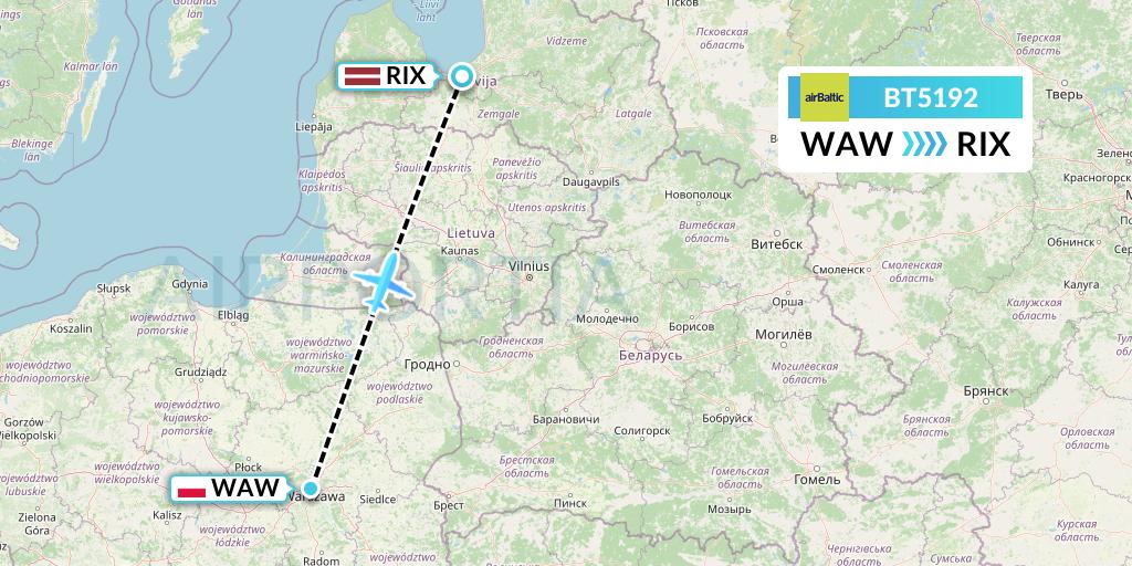 BT5192 Air Baltic Flight Map: Warsaw to Riga