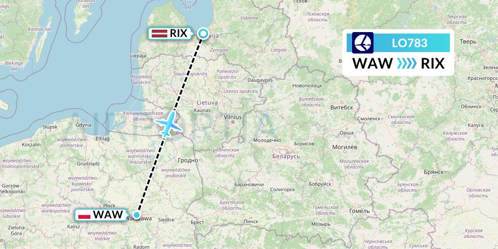 LO783 LOT Flight Map: Warsaw to Riga