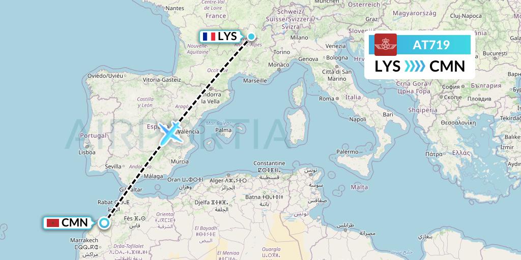 AT719 Royal Air Maroc Flight Map: Lyon to Casablanca