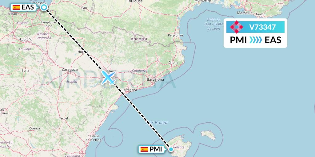 V73347 Volotea Flight Map: Palma de Mallorca to San Sebastian