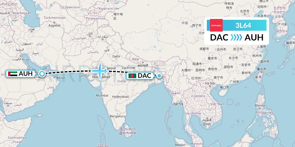 3L64 Air Arabia Abu Dhabi Flight Map: Dhaka to Abu Dhabi