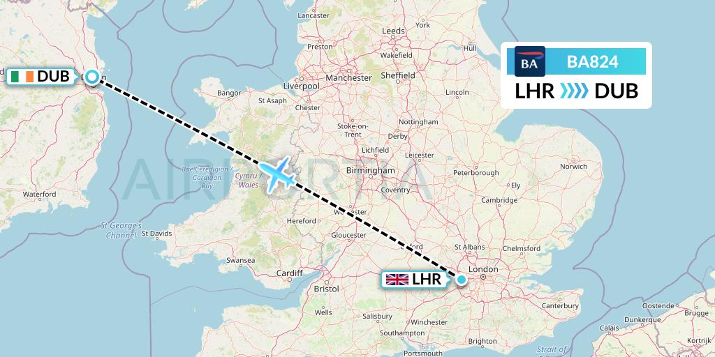 BA824 British Airways Flight Map: London to Dublin