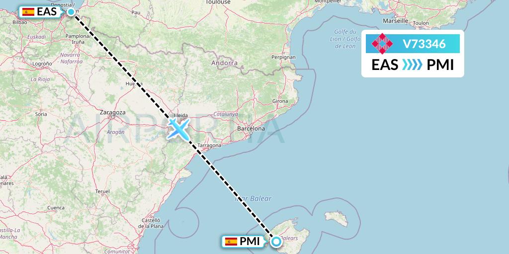 V73346 Volotea Flight Map: San Sebastian to Palma de Mallorca