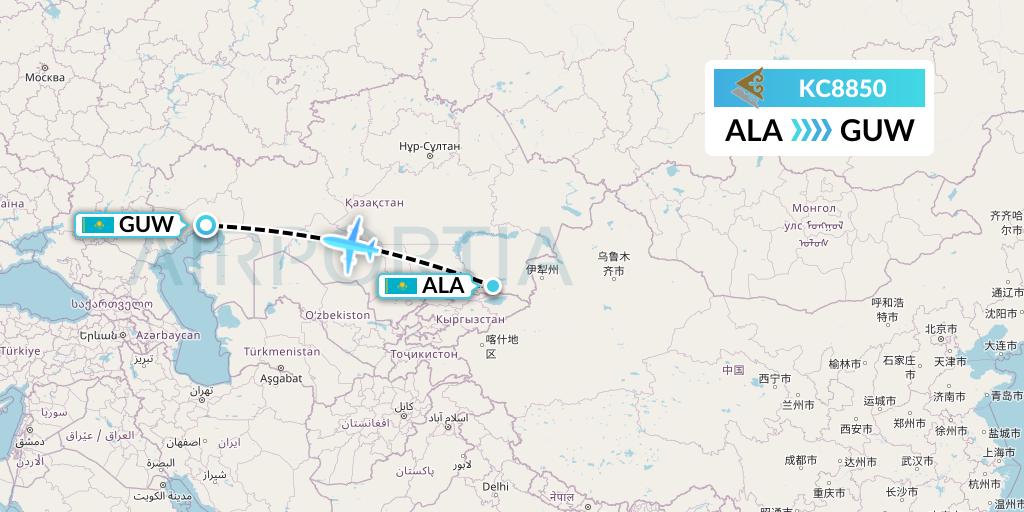 KC8850 Air Astana Flight Map: Almaty to Atyrau