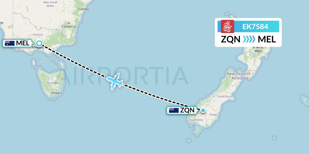 EK7584 Emirates Flight Map: Queenstown to Melbourne